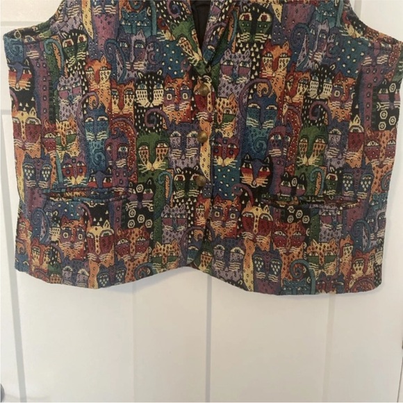 Serengeti Vest Womens XL Multicolor Retro Cat Print Pockets Tapestry New - Picture 4 of 5